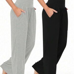 Wide Leg Pull-On Pants with Pockets - Gray & Black